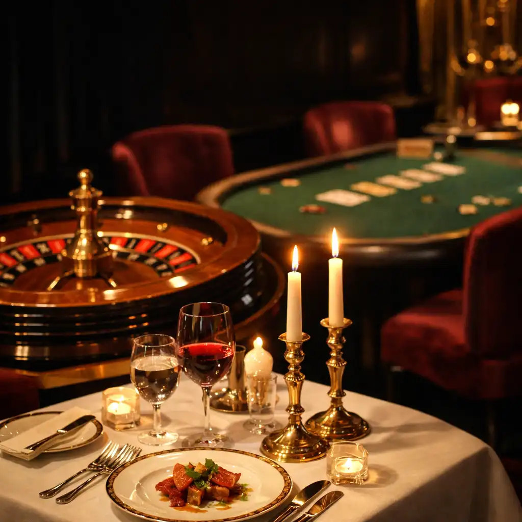 Table de haute cuisine à la bougie, avec roulette et table de jeu social en arrière-plan