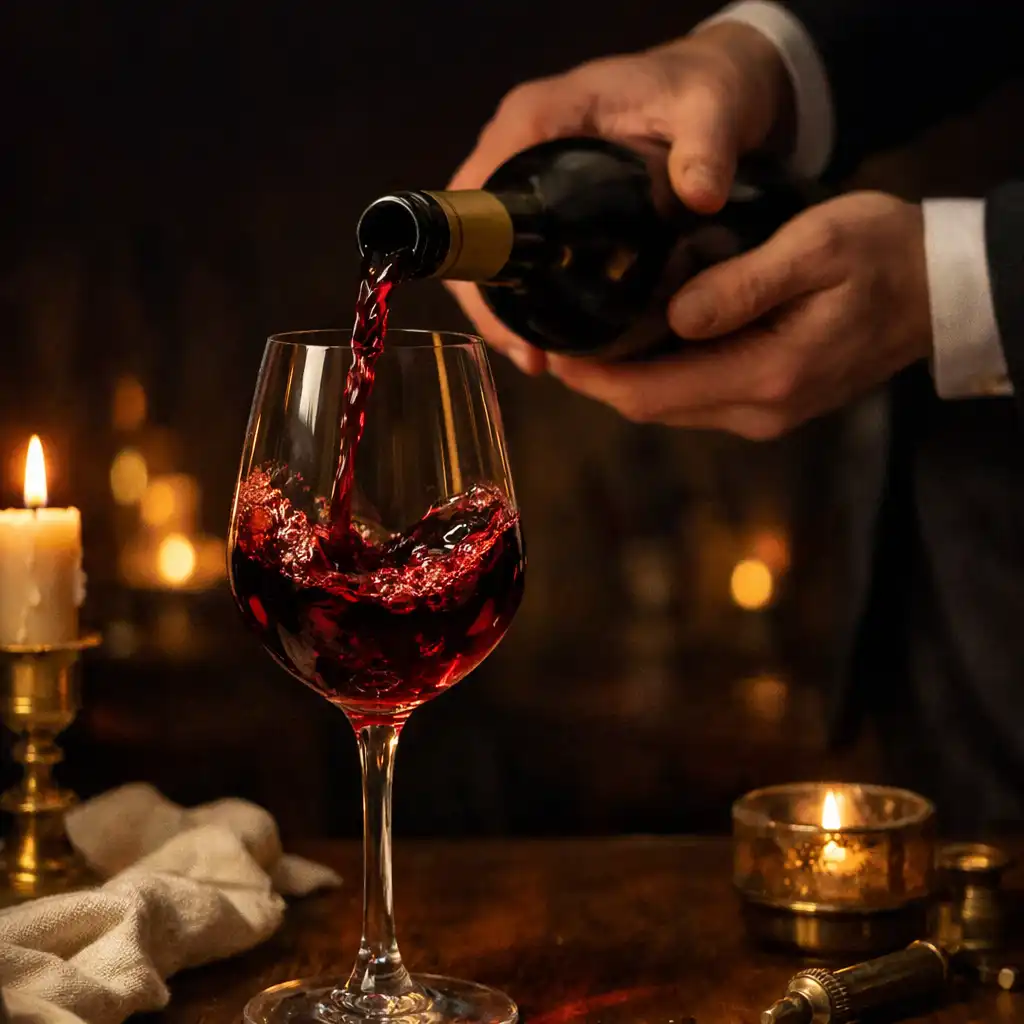 Service de vin rouge dans un verre fin sur une table de restaurant éclairée à la bougie