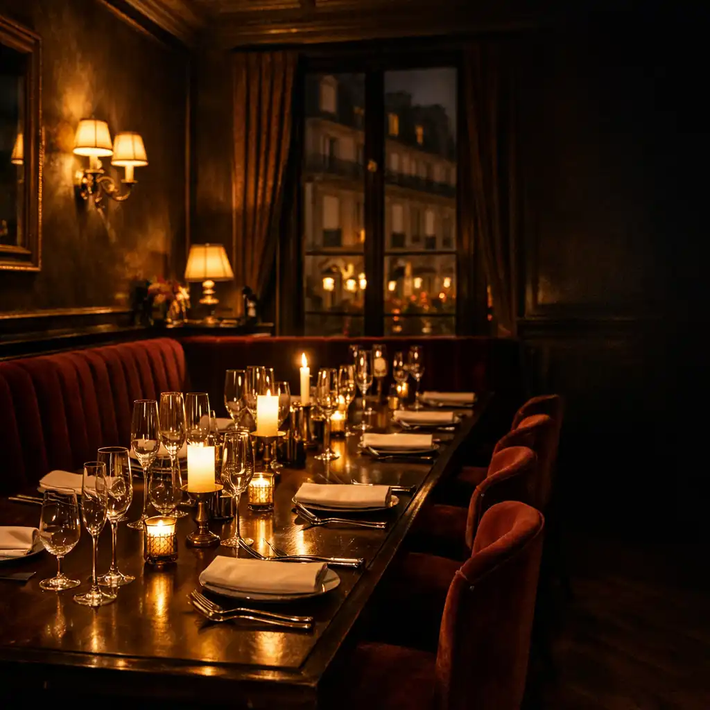 Salon de restaurant privé avec banquettes de velours, grande table dressée et lumière de bougies