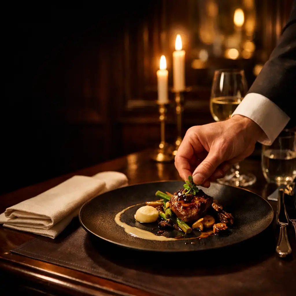 Service délicat d’une assiette gastronomique sur une table éclairée à la bougie