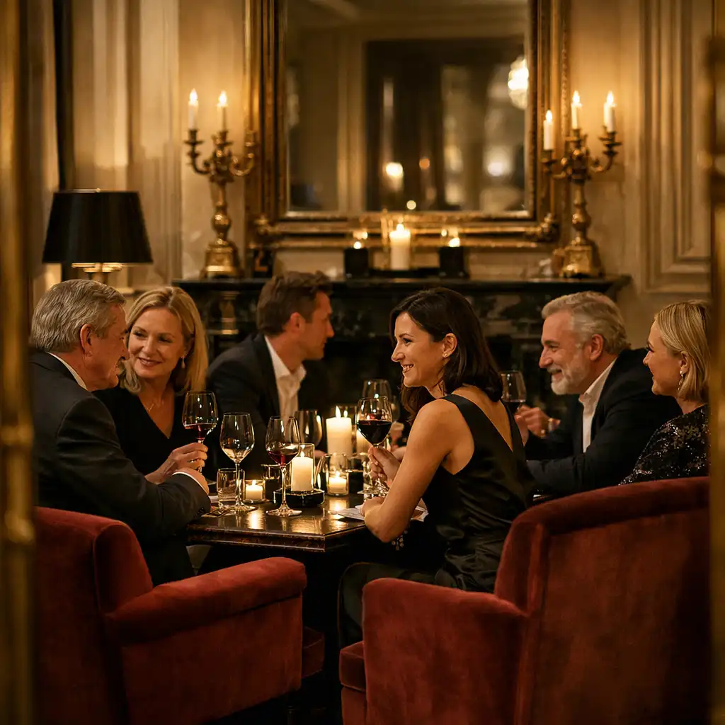 Petit rassemblement adulte dans un salon privé parisien autour d’une table éclairée à la bougie