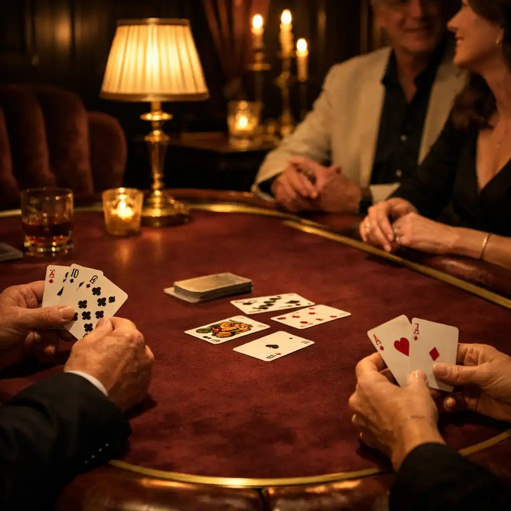 Mains de convives autour d’une table de jeu social dans un salon aux détails de laiton