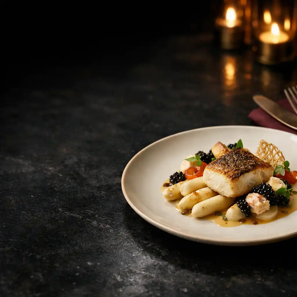 Assiette gastronomique servie sur une table sombre avec porcelaine ivoire et détails en laiton