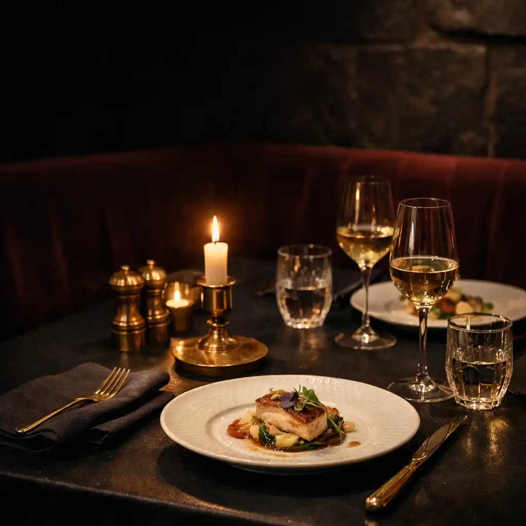 Table intime dressée pour deux avec porcelaine, verrerie et lumière de bougie