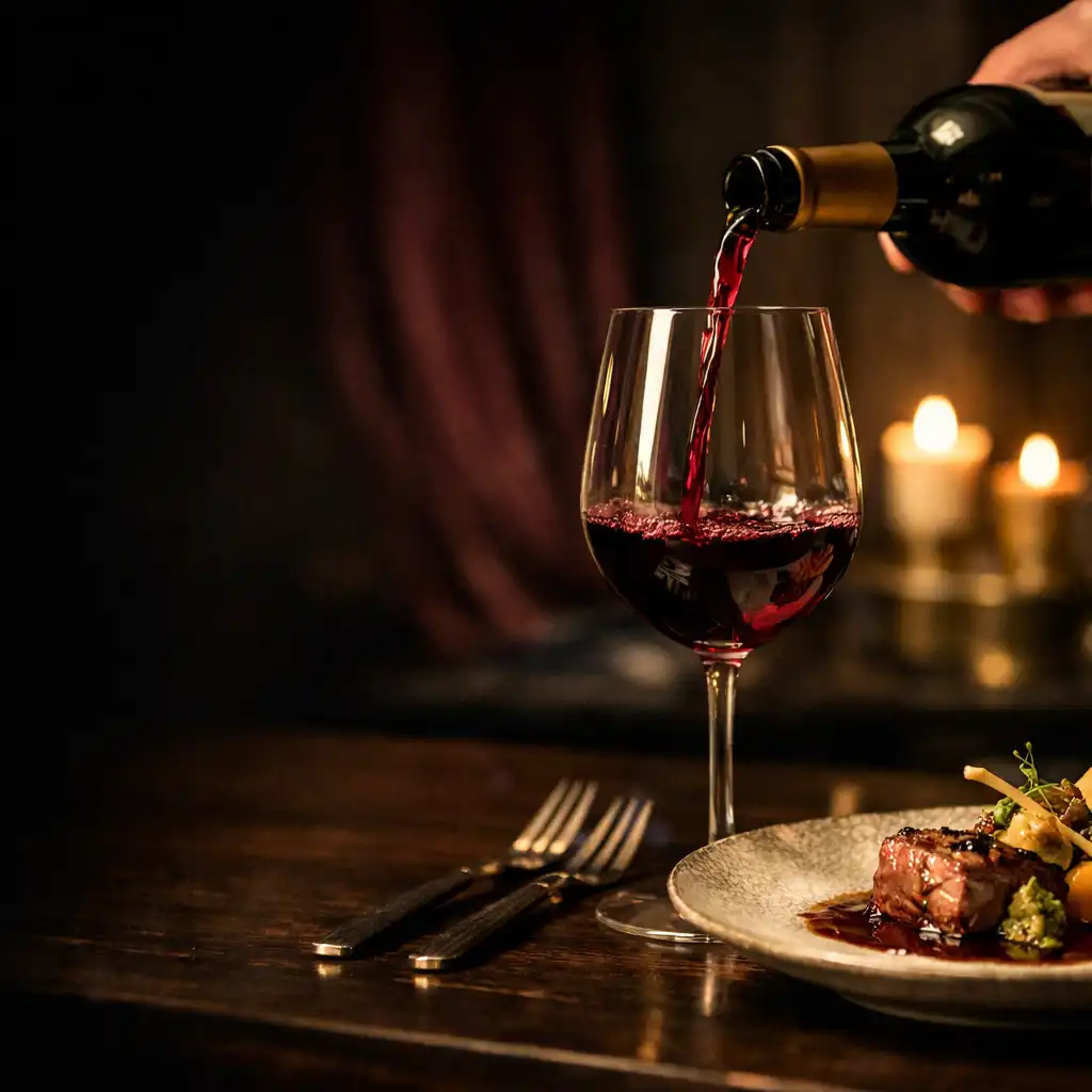 Vin rouge versé dans un verre près d’une assiette de gastronomie française