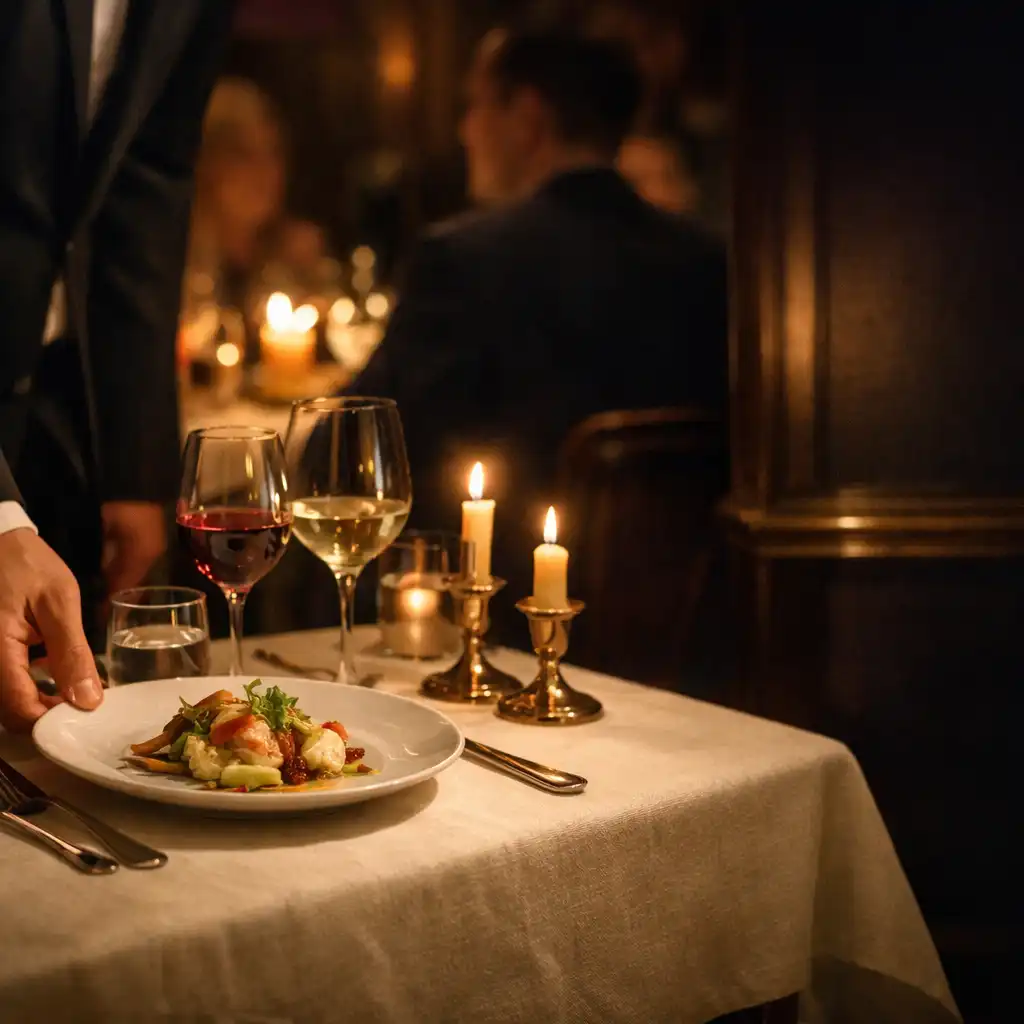 Service d’une assiette gastronomique sur une table éclairée à la bougie