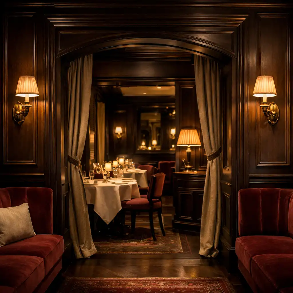 Passage élégant entre la salle de restaurant et un salon privé aux tons bordeaux et laiton