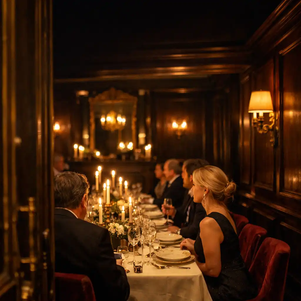 Table dressée dans un salon privé aux fauteuils de velours bordeaux et à la lumière des bougies