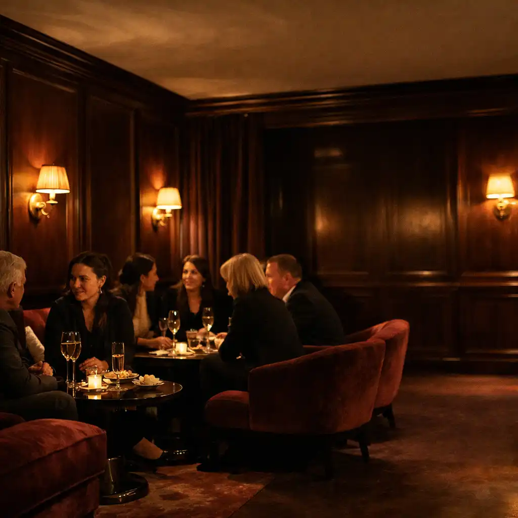 Réception discrète dans un salon feutré avec tables basses, boiseries et appliques en laiton