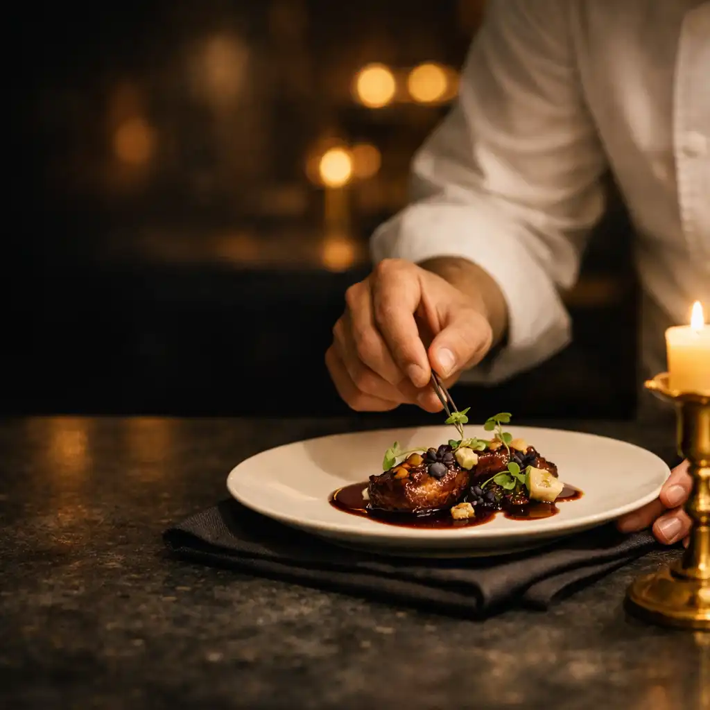 Geste de dressage d’une assiette gastronomique sur une table sombre