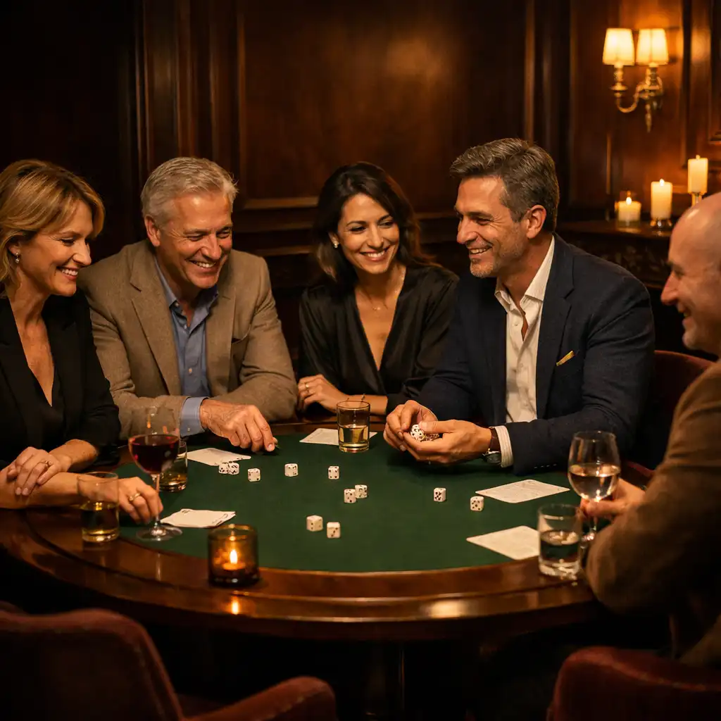 Groupe d’adultes élégamment réunis dans un salon privé autour d’une table sociale