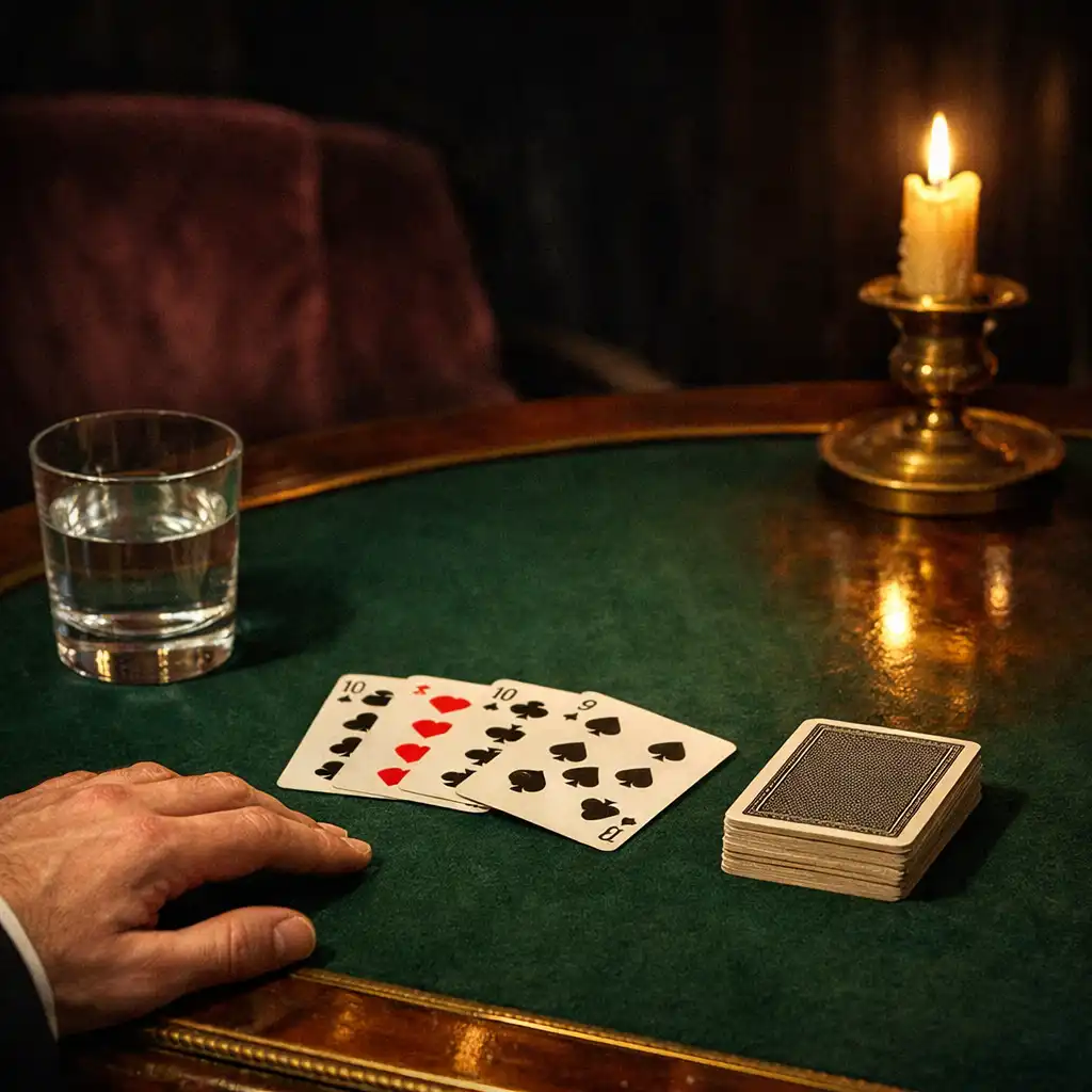 Détail d’une table de jeu récréatif en bois sombre et laiton, éclairée par une bougie