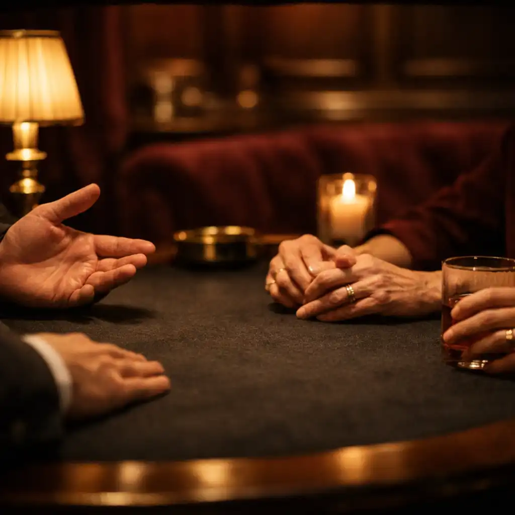 Détail d’une table de jeu récréatif sombre, éclairée par des lampes en laiton, avec des mains adultes en conversation