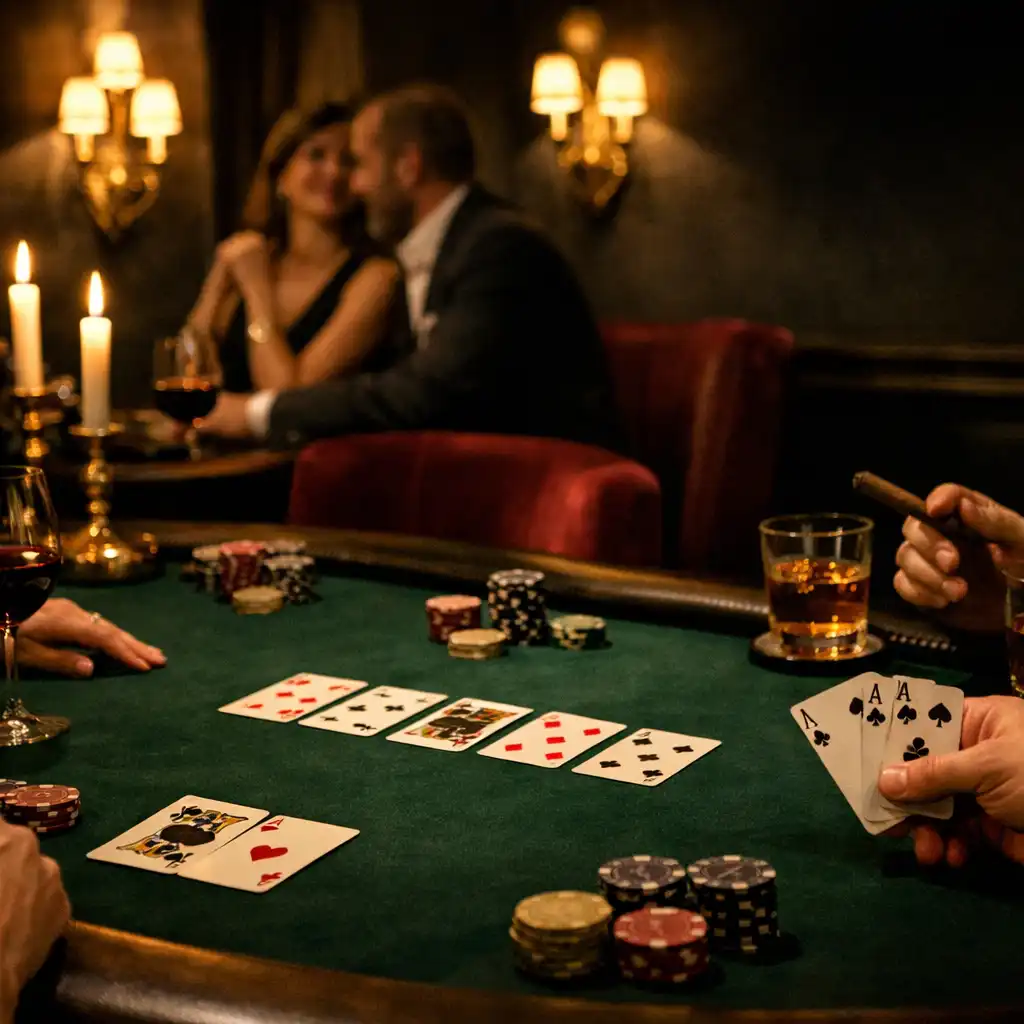 Table de jeu social en feutre, mains de convives et fauteuils de velours